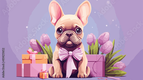Cute French bulldog with tulips and gifts on lilac #804251652