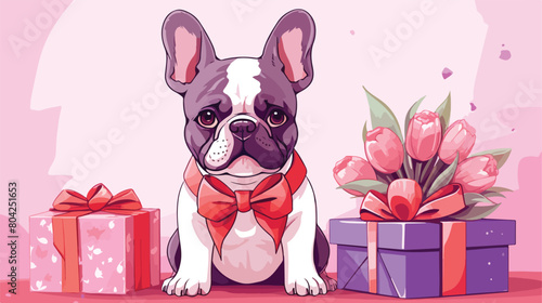 Cute French bulldog with tulips and gifts on lilac #804251653