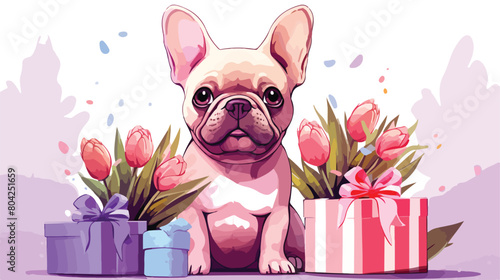 Cute French bulldog with tulips and gifts on lilac #804251659