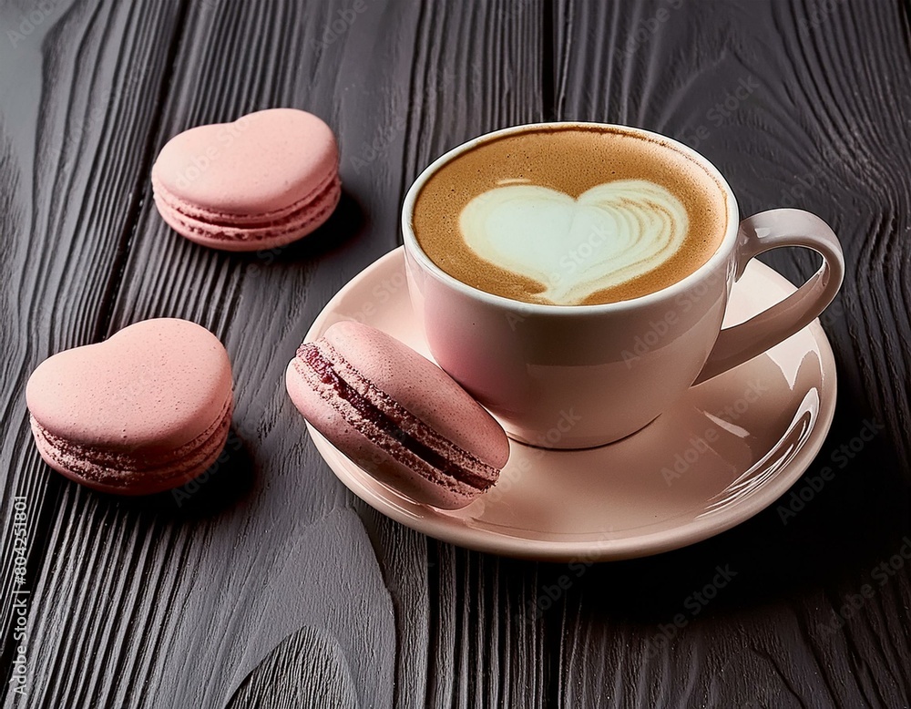 Pink heart shaped macaroons and coffee with heart shaped latte art heart-shaped macarons Pink heart shaped macaroons and coffee with heart shaped latte art heart-shaped macarons