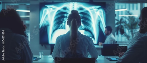 Doctors discuss patient treatment in a hospital conference room, as a woman shows an x-ray to a TV screen. Researchers discuss research into cures, drugs, and medicines.