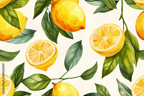Lemon fruits tropical summer seamless pattern vector with hand drawn watercolor style illustration