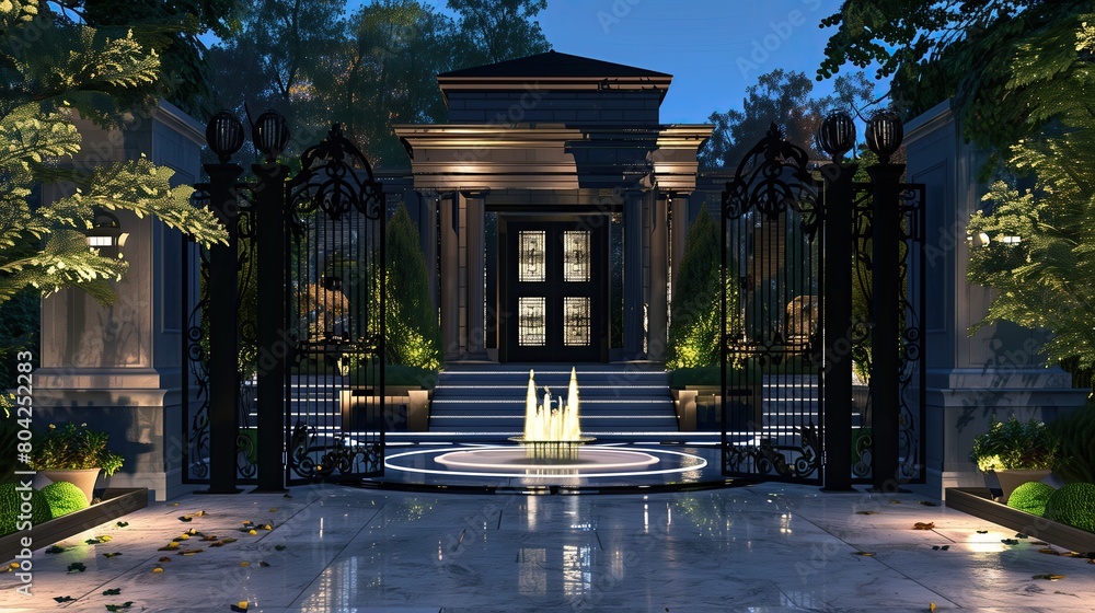 A sleek home entrance with a custom ironwork gate and a fountain