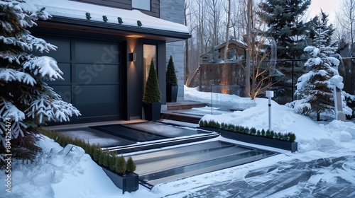 A sleek home entrance with a heated driveway and a snow-melt system
