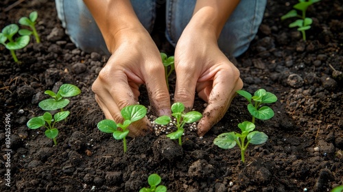 Hands Planting Seeds In Fertile Soil With Young Plants