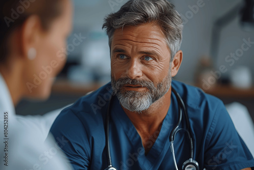 Caring Nurse Comforting Concerned Middle-Aged Patient Discussing Health Results in Hospital Room