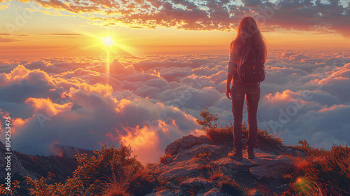 A solo female trekker looking at the sunrise over the mountains. photo