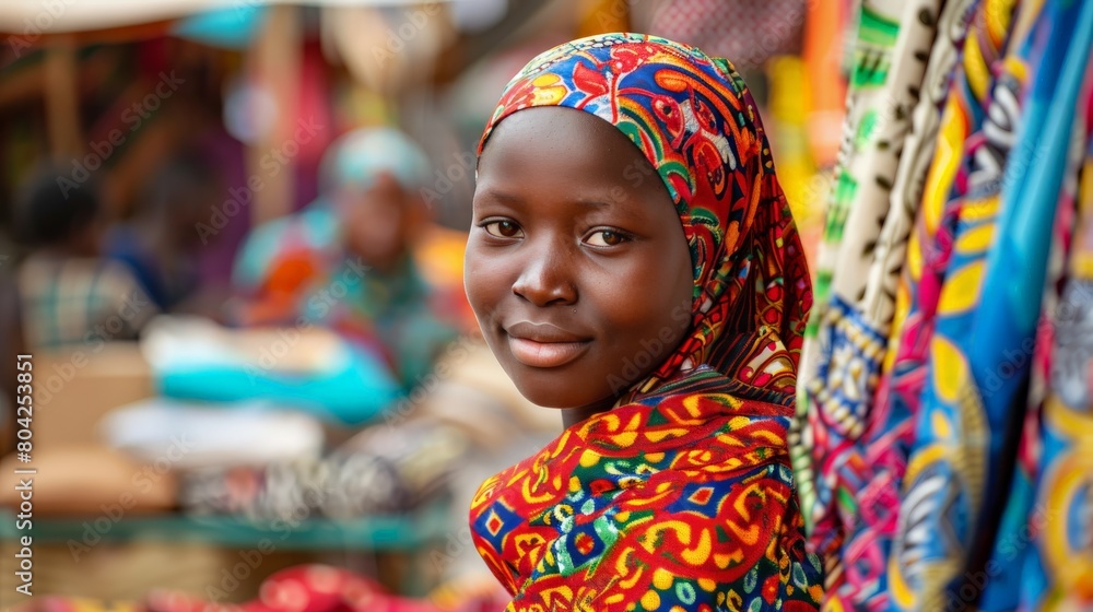 A vibrant scene at a local market where a Fulani girl, draped in colorful fabrics, skillfully bargains over goods, 