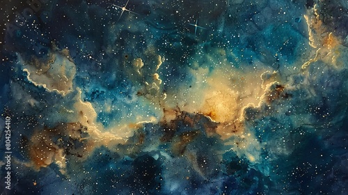 Bring to life a celestial masterpiece with a watercolor depiction of space  embellished with shimmering stars and the alluring Taurus constellation  elegantly portrayed on textured watercolor paper