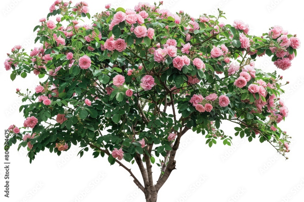 White backdrop with an isolated picture of a pink rose bush shrub tree. Generative Ai
