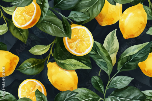 Lemon fruits tropical summer seamless pattern vector with hand drawn watercolor style illustration