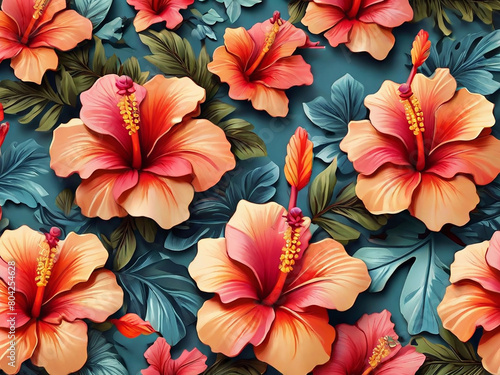 Hawaiian hibiscus flowers pattern ideal for vibrant exotic backdrops