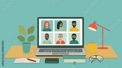 Virtual Teamwork: Colleagues from Different Backgrounds Convene on Laptop Screen for Online Meeting, Working Remotely and Collaborating on Internet