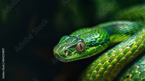 green snake close up.