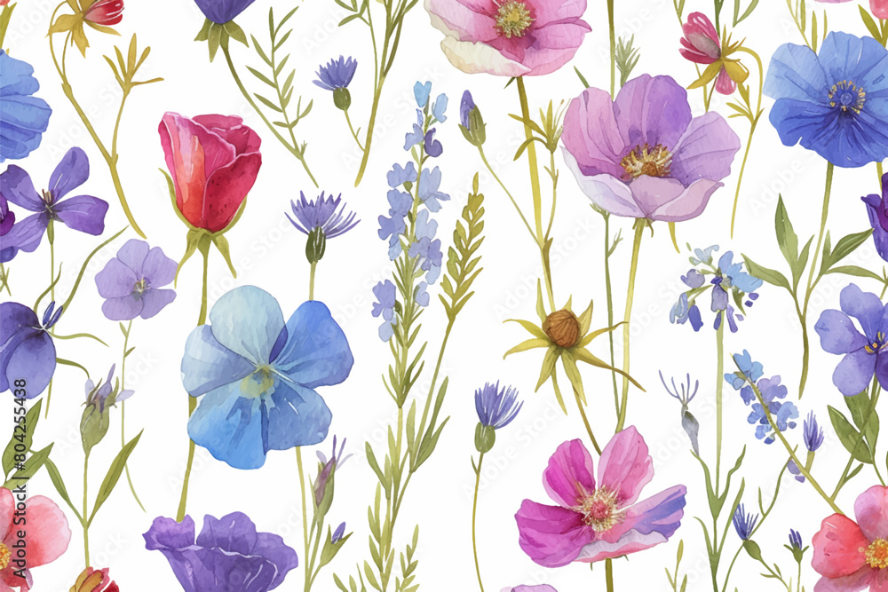Abstract childish, cute and fun colorful dreamy garden floral seamless pattern wallpaper background with flowers and critters vector illustration.