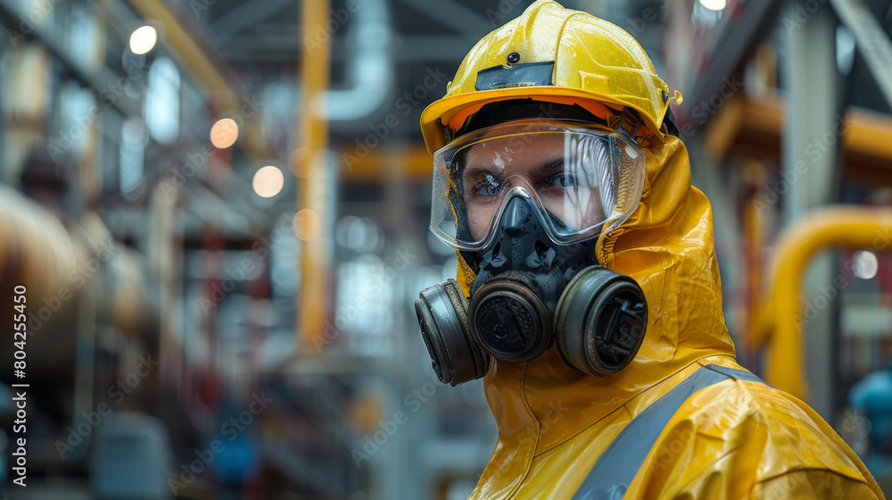 A worker wearing a yellow hazmat suit and full-face respiratory mask stands in an industrial setting. A worker wearing a yellow hazmat suit and full-face respiratory mask stands in an industrial setting.