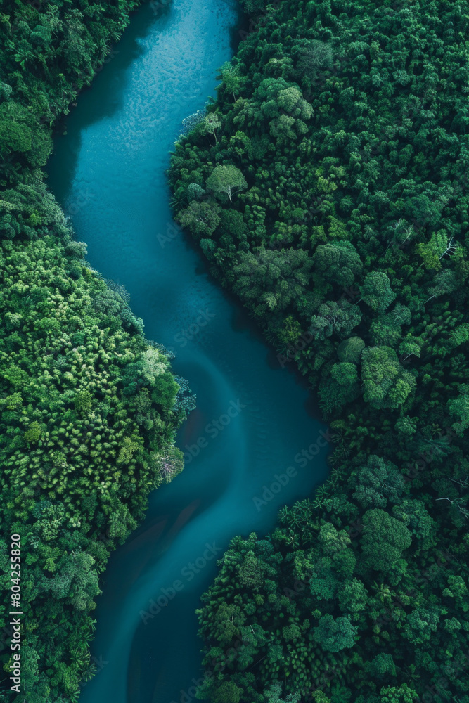 Aerial view of a blue river passing through dense rainforest Aerial view of a blue river passing through dense rainforest