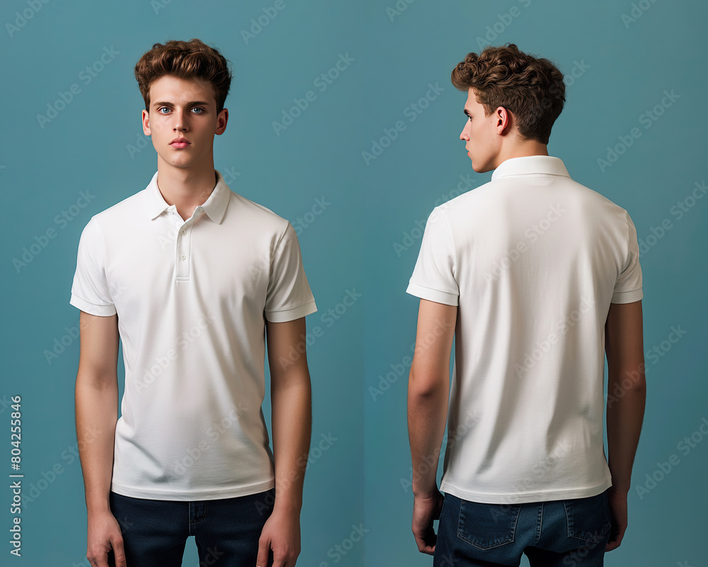Front and back views of a man wearing a white polo shirt mockup template Front and back views of a man wearing a white polo shirt mockup template