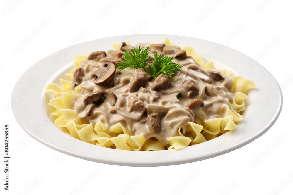 A Symphony of Flavors: White Plate Adorned With Pasta in Decadent Mushroom Sauce. On a White or Clear Surface PNG Transparent Background.