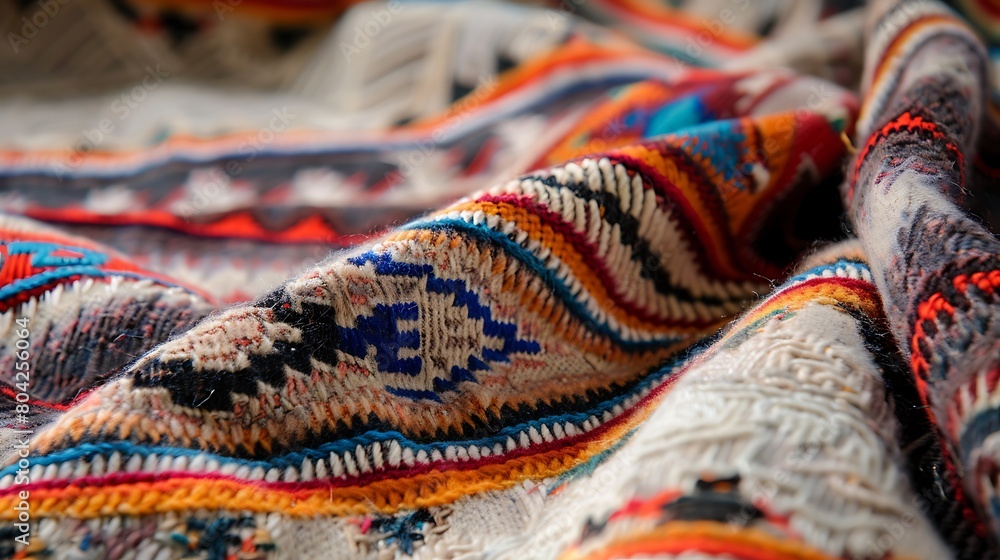 Intricate Patterns and Colors: A Close-Up View of a Traditional Woven Textile Intricate Patterns and Colors: A Close-Up View of a Traditional Woven Textile