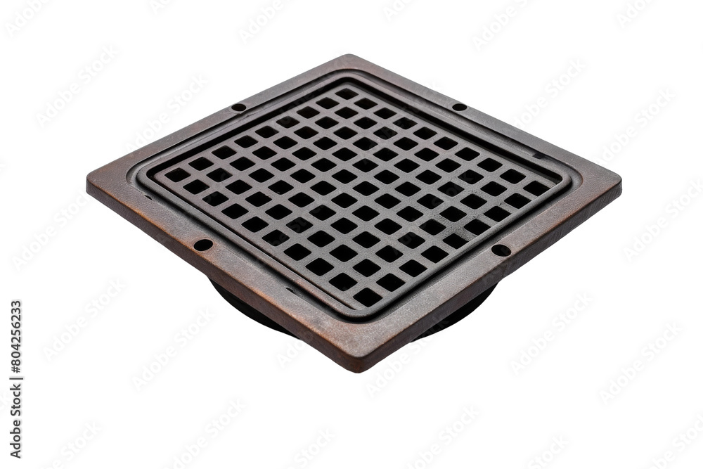 The Gleaming Guardian: A Square Metal Floor Drain Cover. On a White or Clear Surface PNG Transparent Background. The Gleaming Guardian: A Square Metal Floor Drain Cover. On a White or Clear Surface PNG Transparent Background.