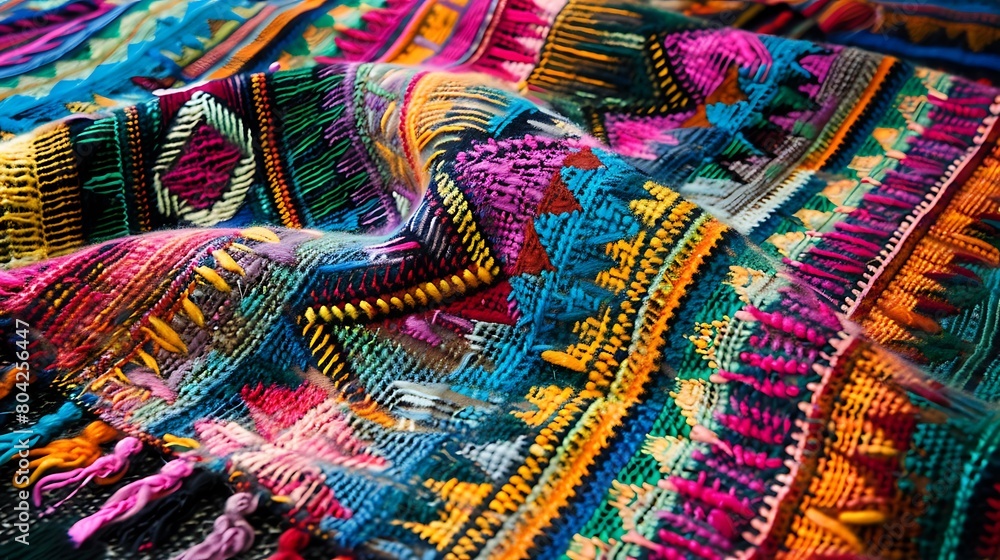 Intricate Patterns and Colors: A Close-Up View of a Traditional Woven Textile Intricate Patterns and Colors: A Close-Up View of a Traditional Woven Textile