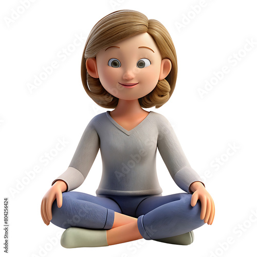 3D Girl Character lsitting on the floor, legs crossed, meditating with a peaceful expression.. Isolated on transparent background photo