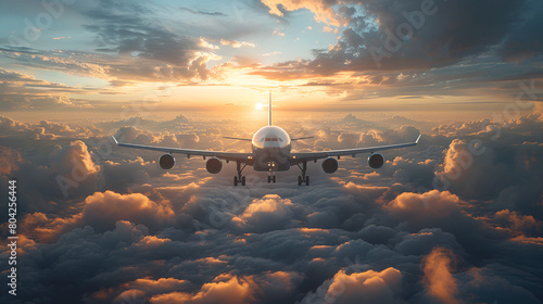 Passenger Airplane in the Sky Above the Clouds, Airplane flight above white and blue clouds in the sky travel concept airways