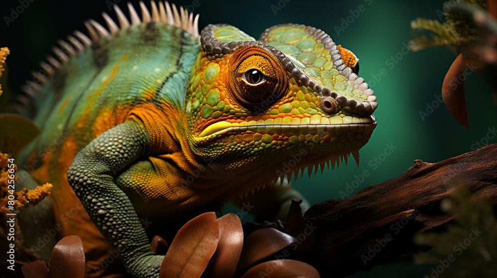 Fototapeta premium green iguana on a branch, zoom face in forest Vector, Art, Illustration, Clipart