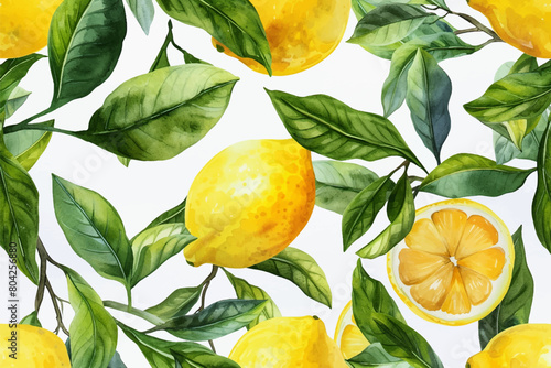 Lemon fruits tropical summer seamless pattern vector with hand drawn watercolor style illustration