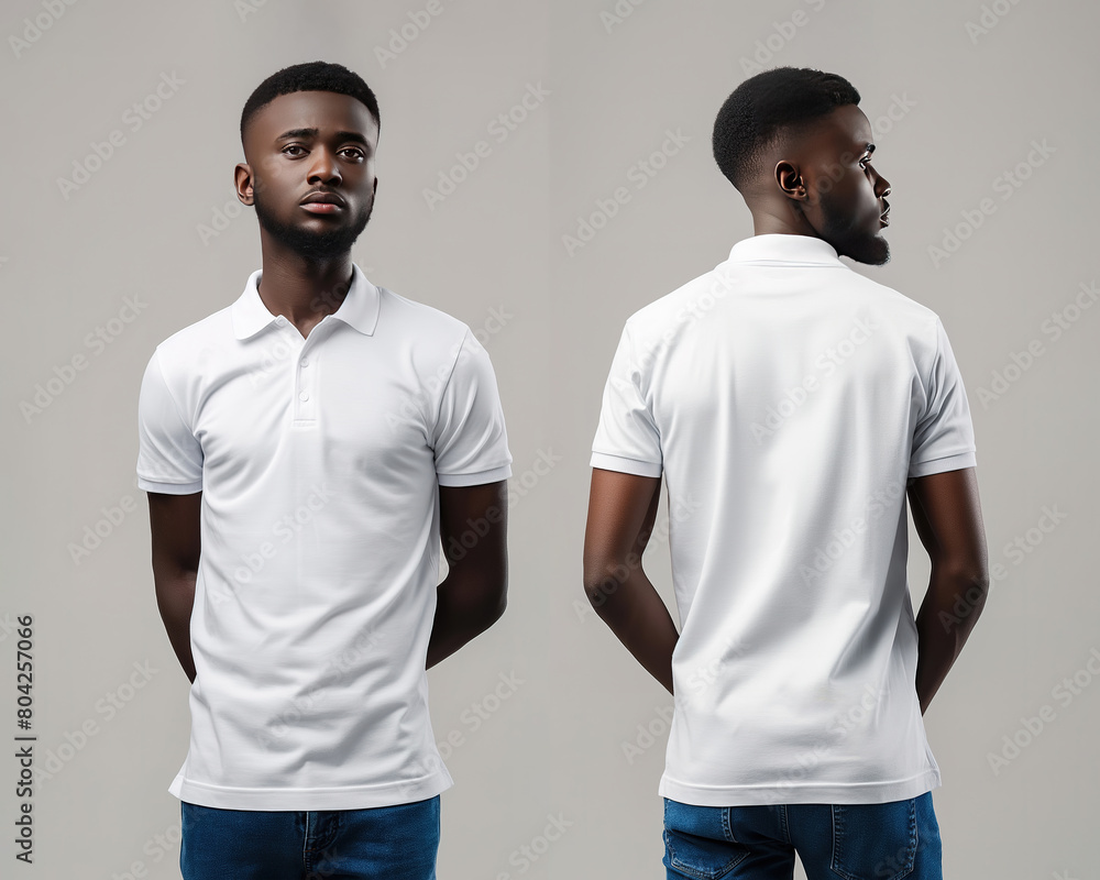 Front and back views of a man wearing a white polo shirt mockup template Front and back views of a man wearing a white polo shirt mockup template