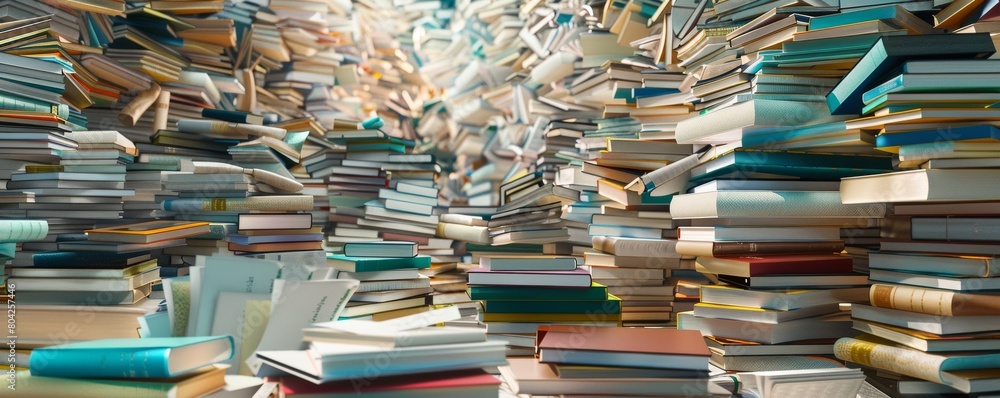 Endless piles of books in a dream-like library setting evoke a sense of wonder and knowledge Endless piles of books in a dream-like library setting evoke a sense of wonder and knowledge