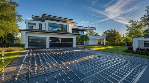 A sleek luxury home with a driveway that features kinetic floor tiles generating energy