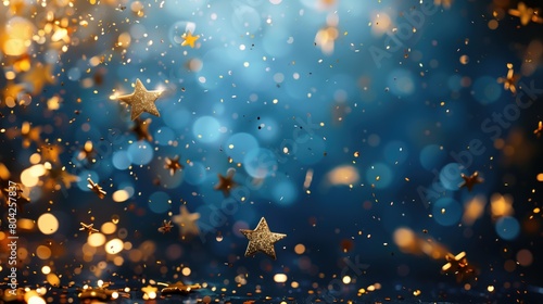 Abstract blue background with golden stars and confetti, copy space. 3d illustration