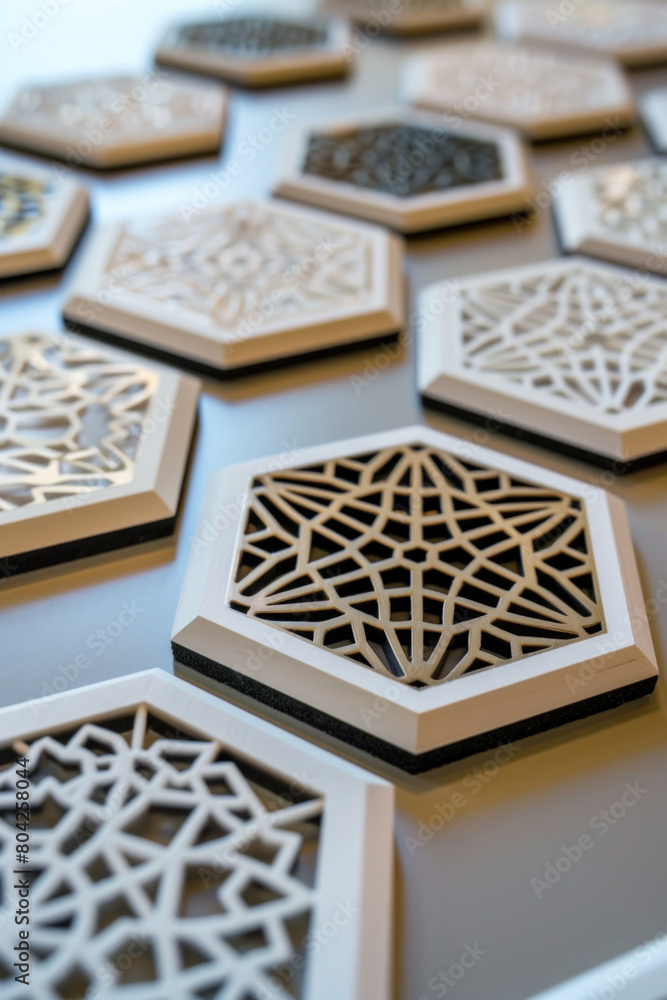 A set of modern geometric coasters made from acrylic or metal, arranged in a symmetrical pattern on a solid-colored surface. A set of modern geometric coasters made from acrylic or metal, arranged in a symmetrical pattern on a solid-colored surface.