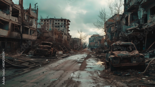 destroyed city street with debris of building and cars   post apocalyptic ruined city