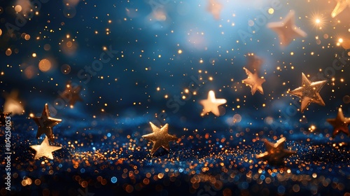 Abstract blue background with golden stars and confetti, copy space. 3d illustration