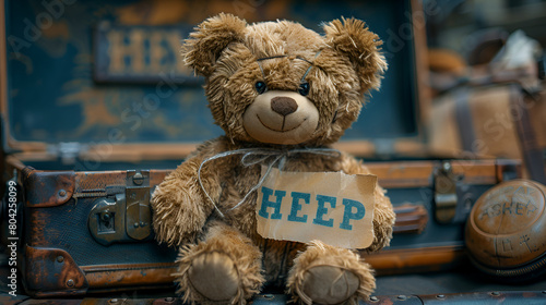 Teddy bear with tape gag holding a piece of paper, Brown Teddy Bear Sitting on Wooden Table 