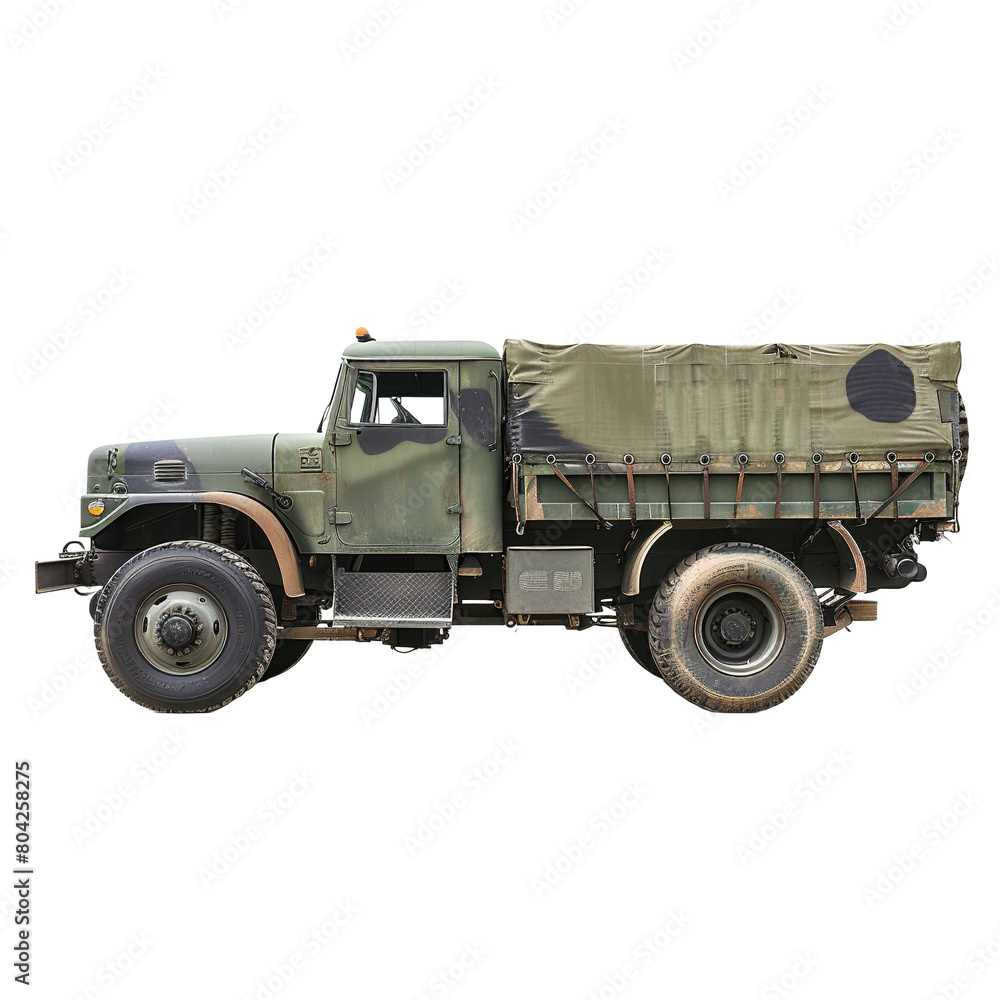 Military truck isolated on white or transparent background