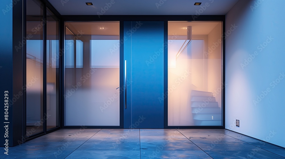 A sleek modern home entrance with a cobalt blue door and frosted glass panels A sleek modern home entrance with a cobalt blue door and frosted glass panels