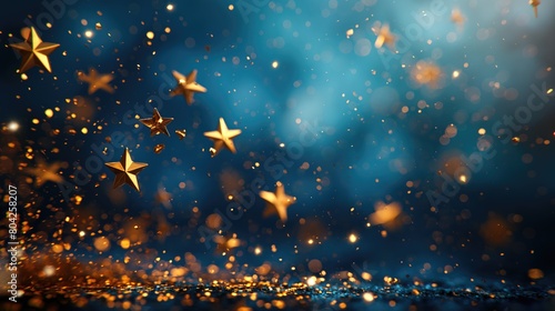 Abstract blue background with golden stars and confetti, copy space. 3d illustration
