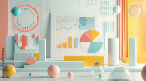 3d render colorful graph elements, PPT page design, multiple content plates, chart data comparison, retro futuristic style, minimalism, minimalist color matching, 3D elements
