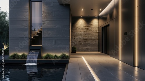 A sleek modern home entrance with a water feature and recessed lighting photo