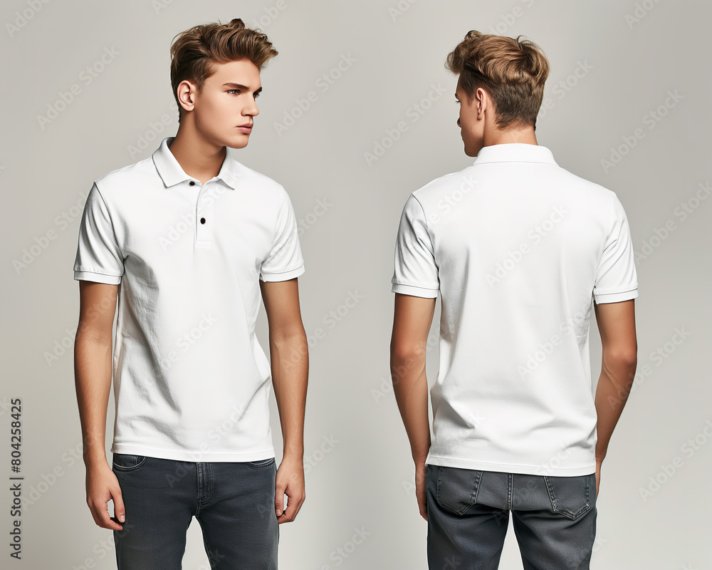 Front and back views of a man wearing a white polo shirt mockup template Front and back views of a man wearing a white polo shirt mockup template
