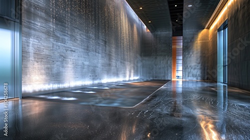 A sleek vestibule with a polished concrete floor and a custom-designed water wall feature © Aeman