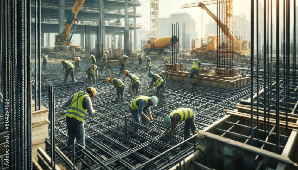 Group of construction workers busily reinforcing steel rods at a large urban building site.