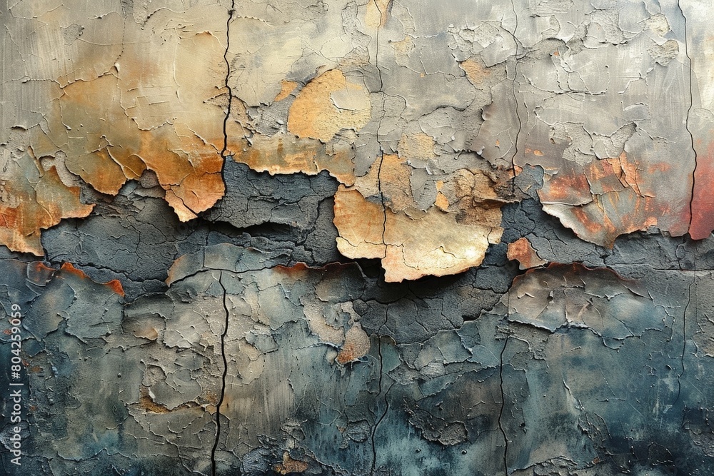 A painting depicting the process of paint peeling off a weathered wall, revealing layers underneath