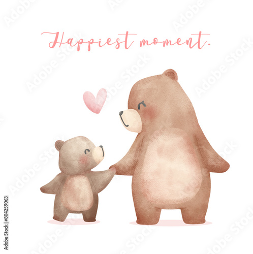 Heartwarming Mothers Day Bear Mom and Baby Cub holding hand Adorable watercolor illustration.