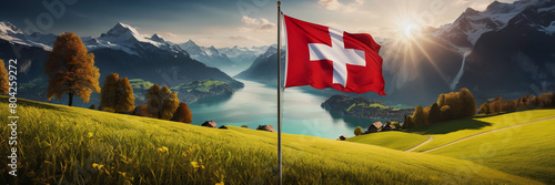 Celebrating the anniversary of Switzerland's Independence Day. The Swiss flag. nature of Switzerland