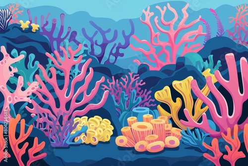 Cartoon vector of a diverse coral ecosystem, featuring soft and hard corals, bright and lively, from the front